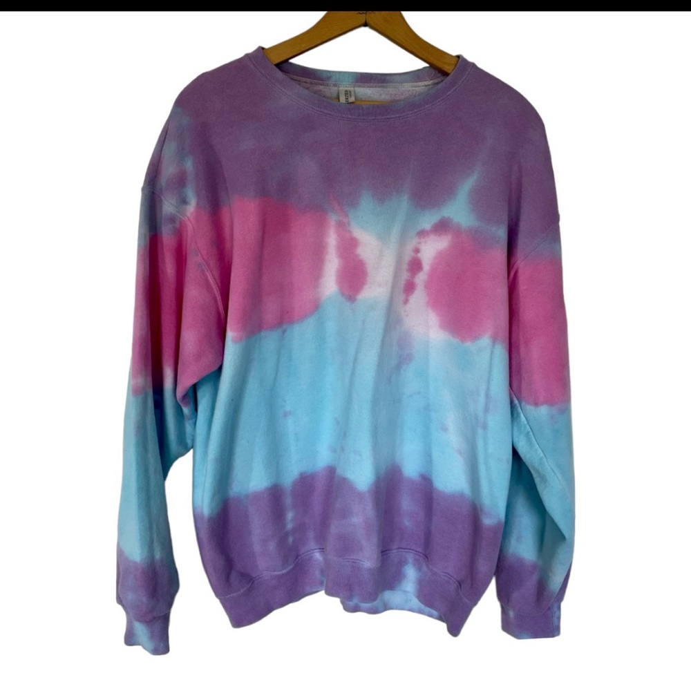 Tie Dye Color Block Crewneck Sweatshirt Sweater Pullover Purple Pink Blue L